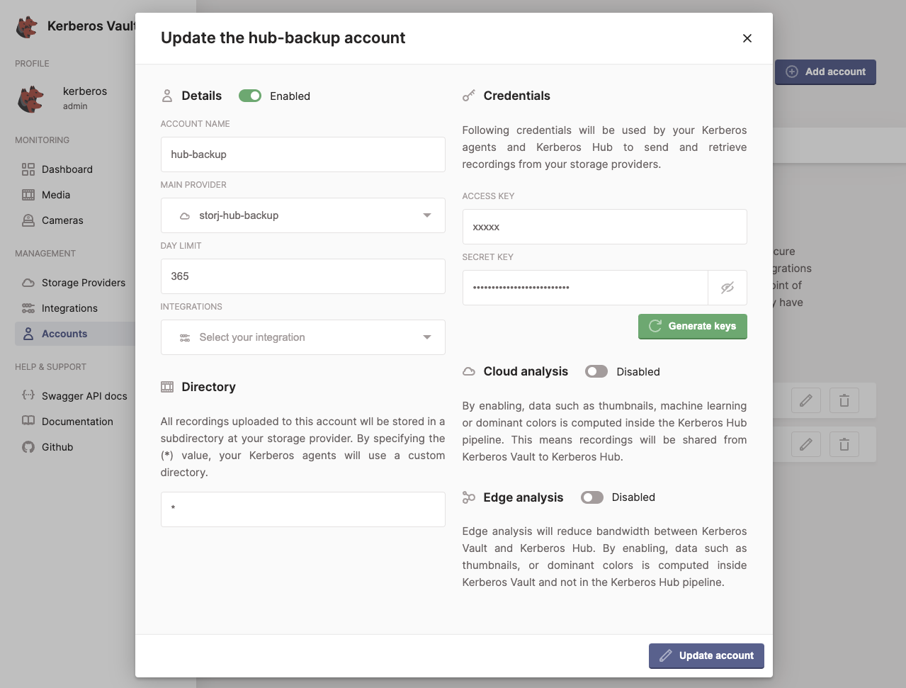 Define a retention period in a new Vault account.