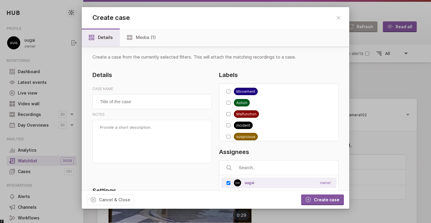 The Create case modal opened from a Watchlist notification.