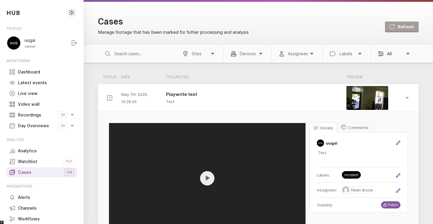An expanded case shows the recording, details, and comments.