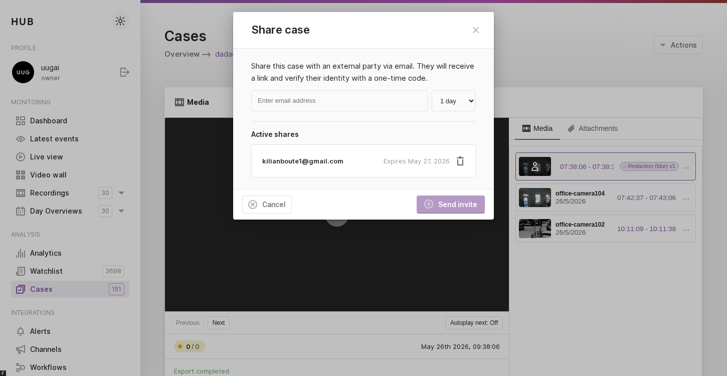 The Share case modal with an email input, expiry selector and the list of existing shares.