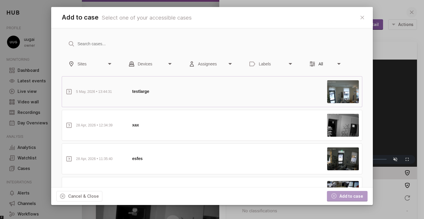 The Add to case modal lists all accessible cases so you can attach a recording to one.