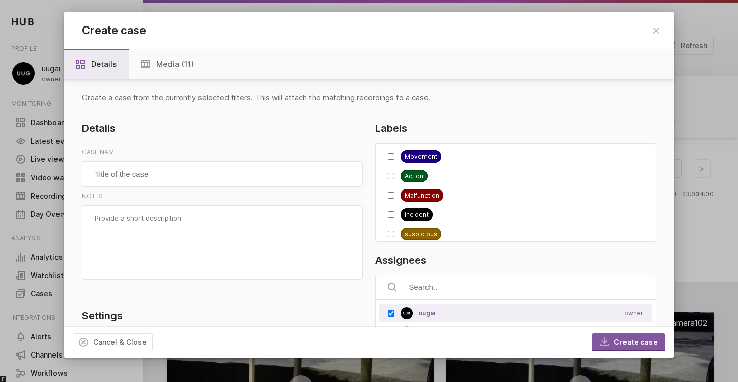 The Create case modal opened from the Recordings page header with a date, device and time range pre-applied via the page filters.