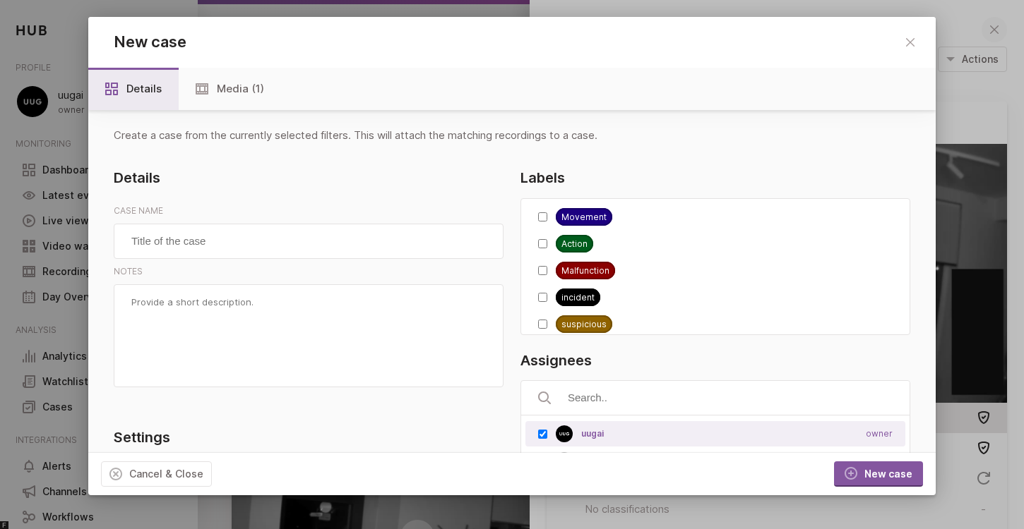 The New case modal opened from the Actions menu of a recording's side panel.