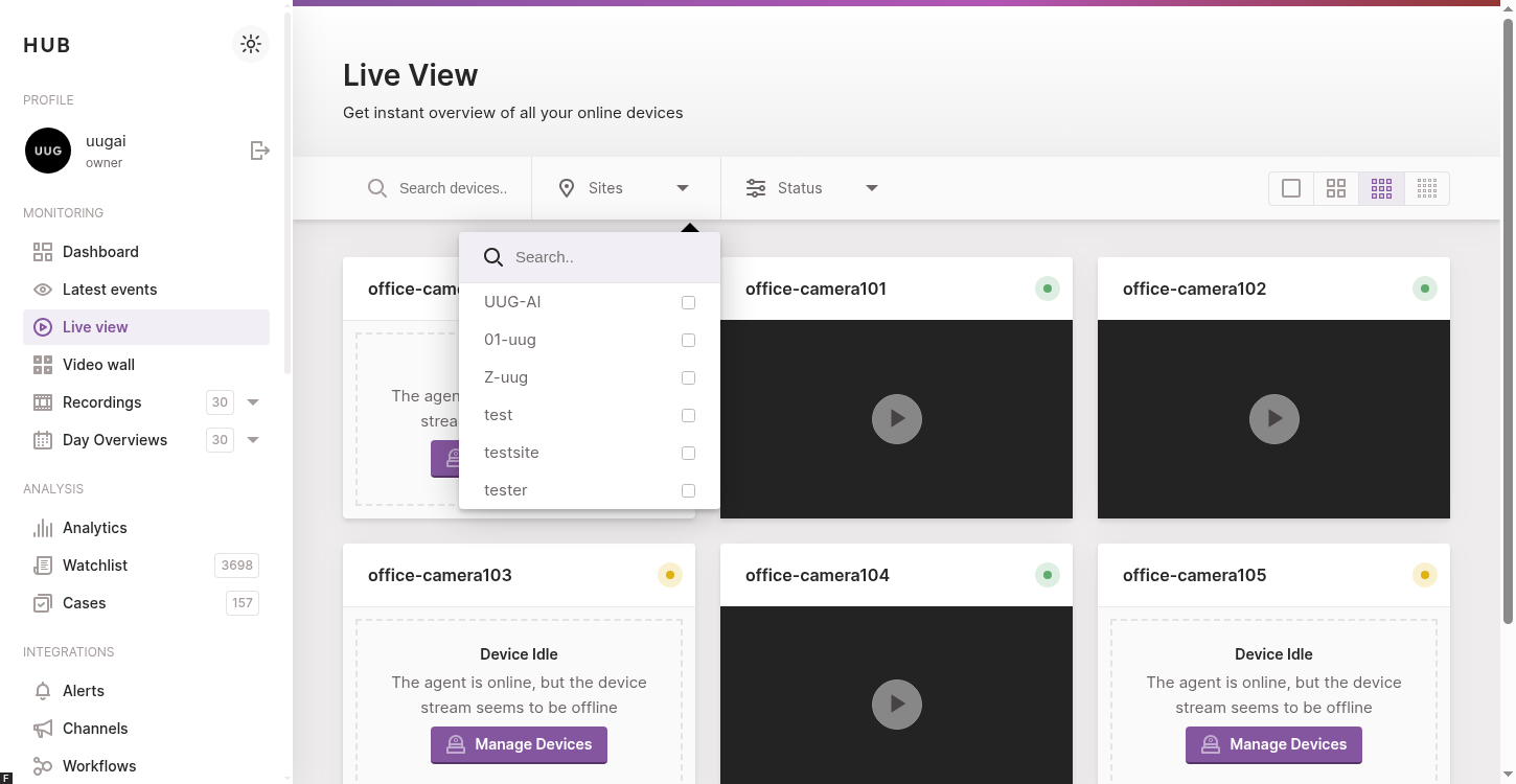 The Live view filter bar with the Sites multi-select expanded next to the search field and the Status filter.
