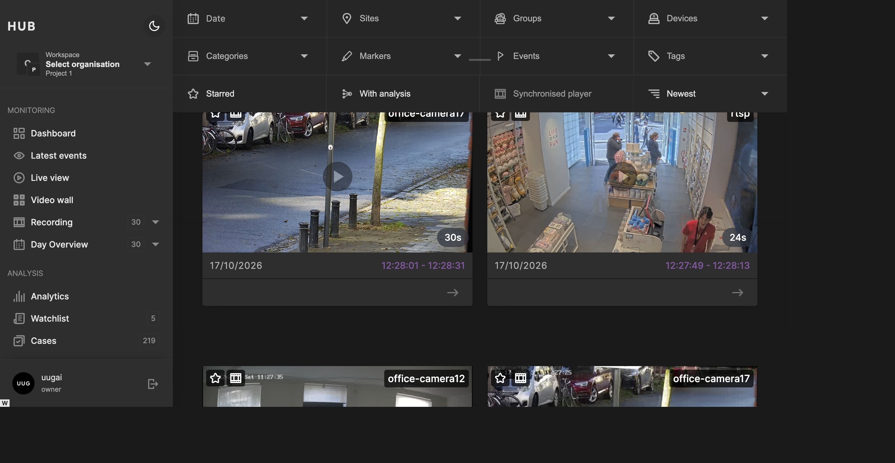 Recording cards showing video previews, timestamps, marker icons and links to the detail page.
