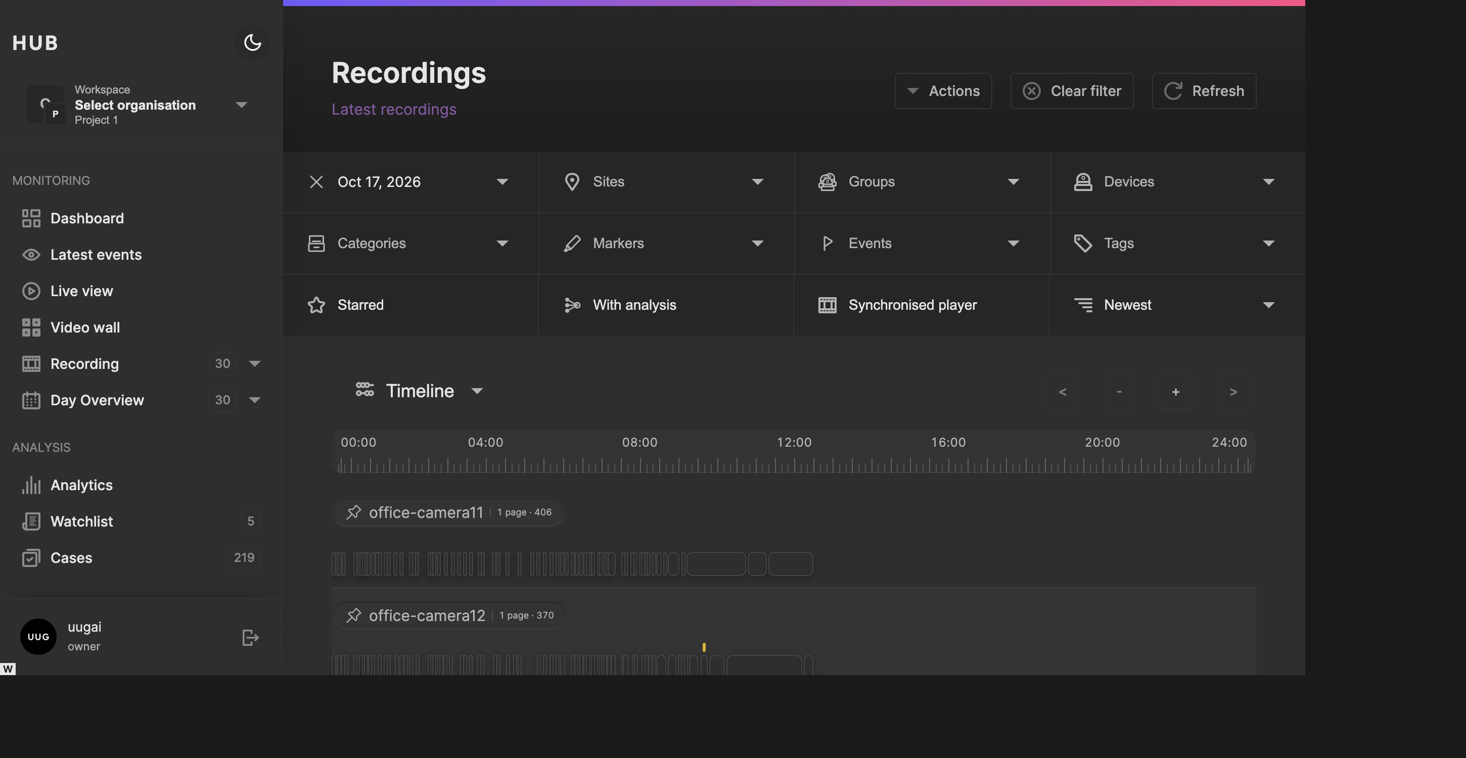 The Recordings page with date, device and analysis filters above the per-device timeline.