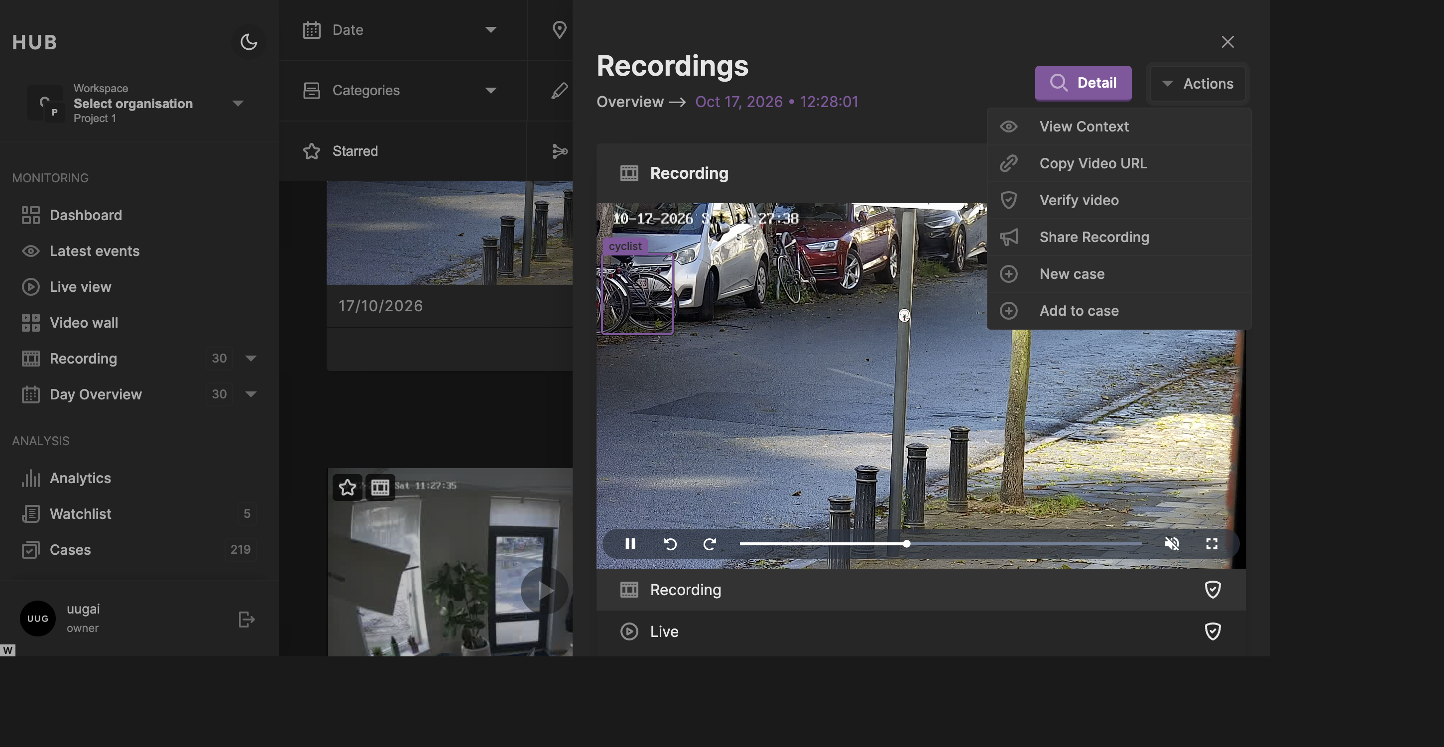 A recording side panel with its Actions menu open.
