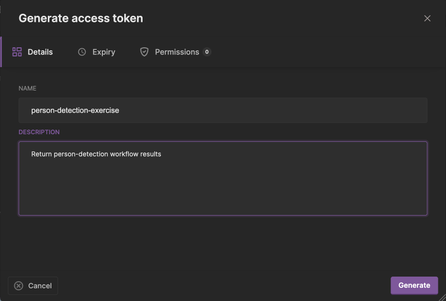 Generate access token Details tab with an example name and description
