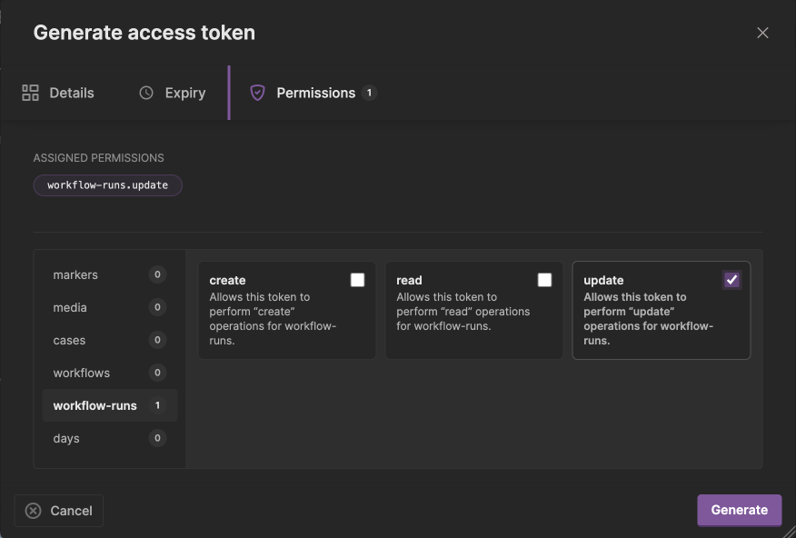 Access token Permissions tab with only workflow-runs.update assigned